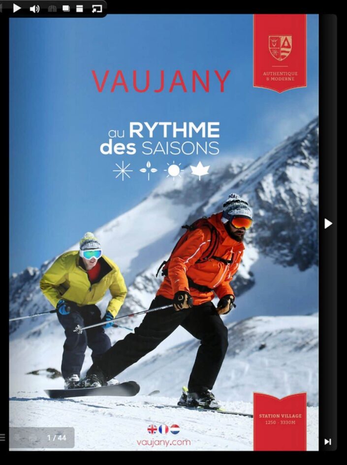Couverture du Catalogue Photo Hiver Vaujany avec une image de skieurs par Urope
